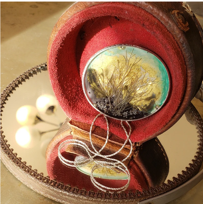 Microlandscape Aqua Green Wetlands Necklace - Silver Border