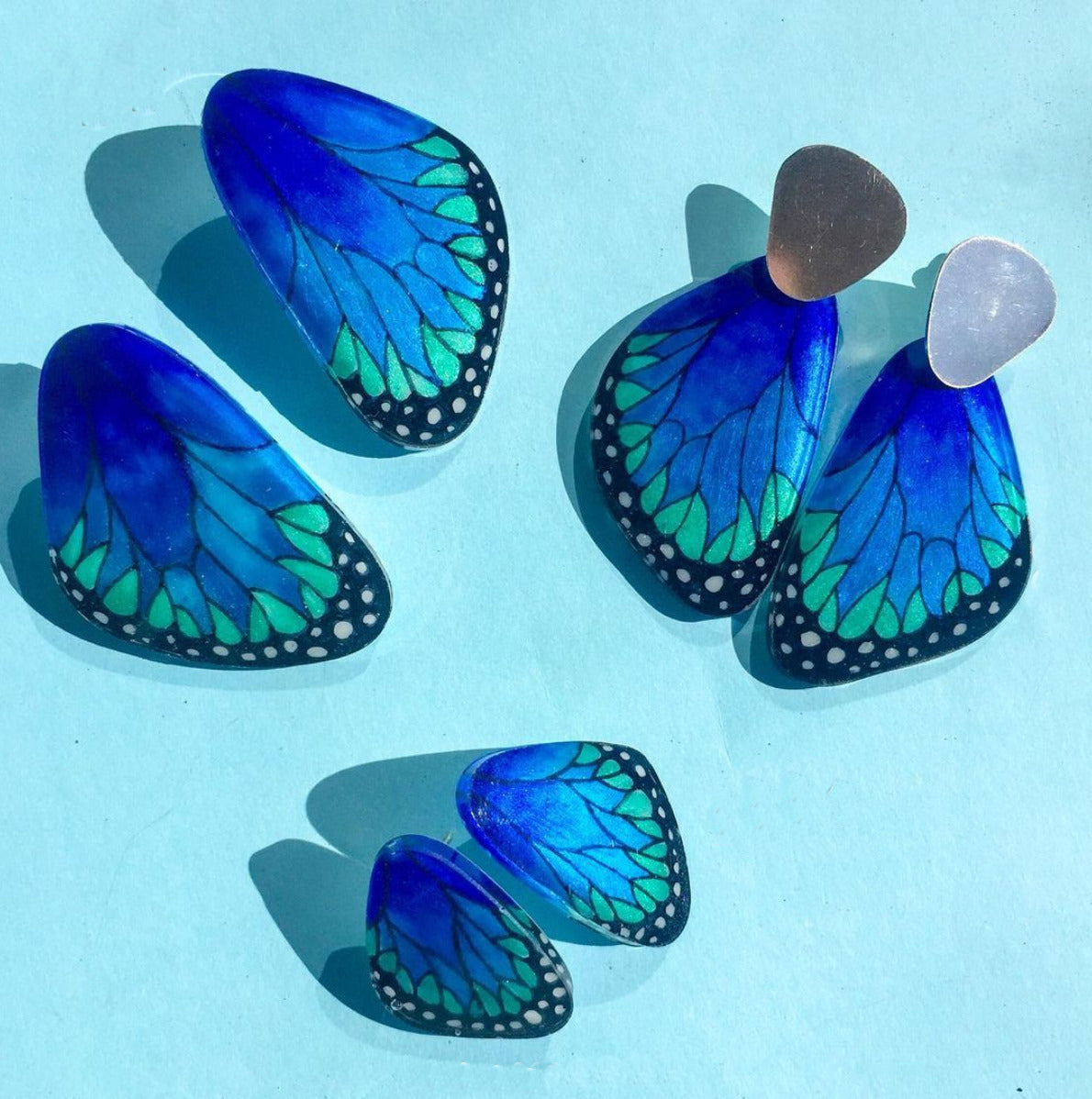 Handpainted Butterfly Earrings - Blue Morpho Wing and Silver Dangle - Large