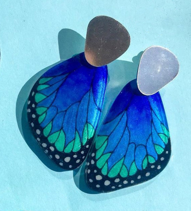 Handpainted Butterfly Earrings - Blue Morpho Wing and Silver Dangle - Large