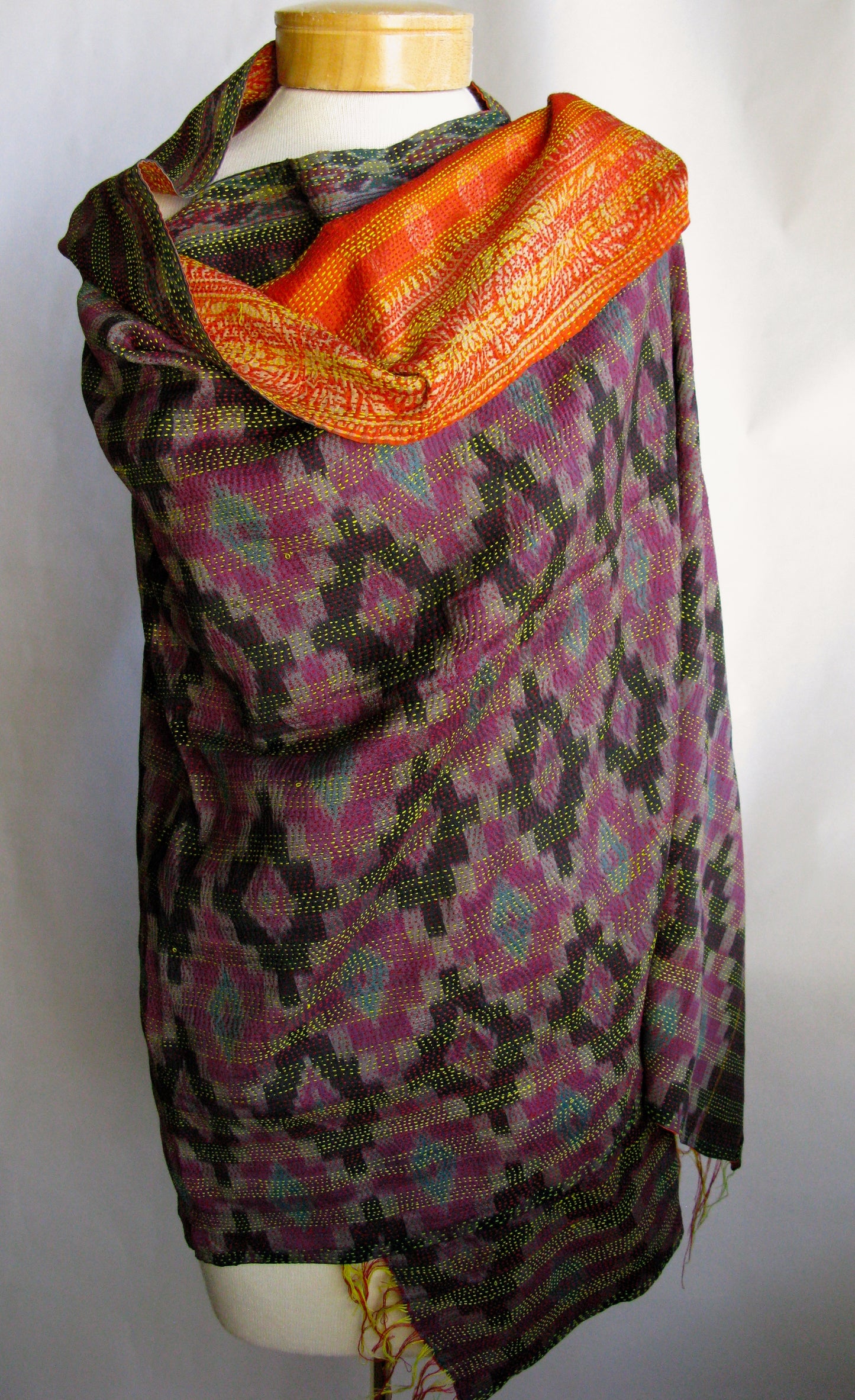 India Kantha and Ikat Silk Shawl