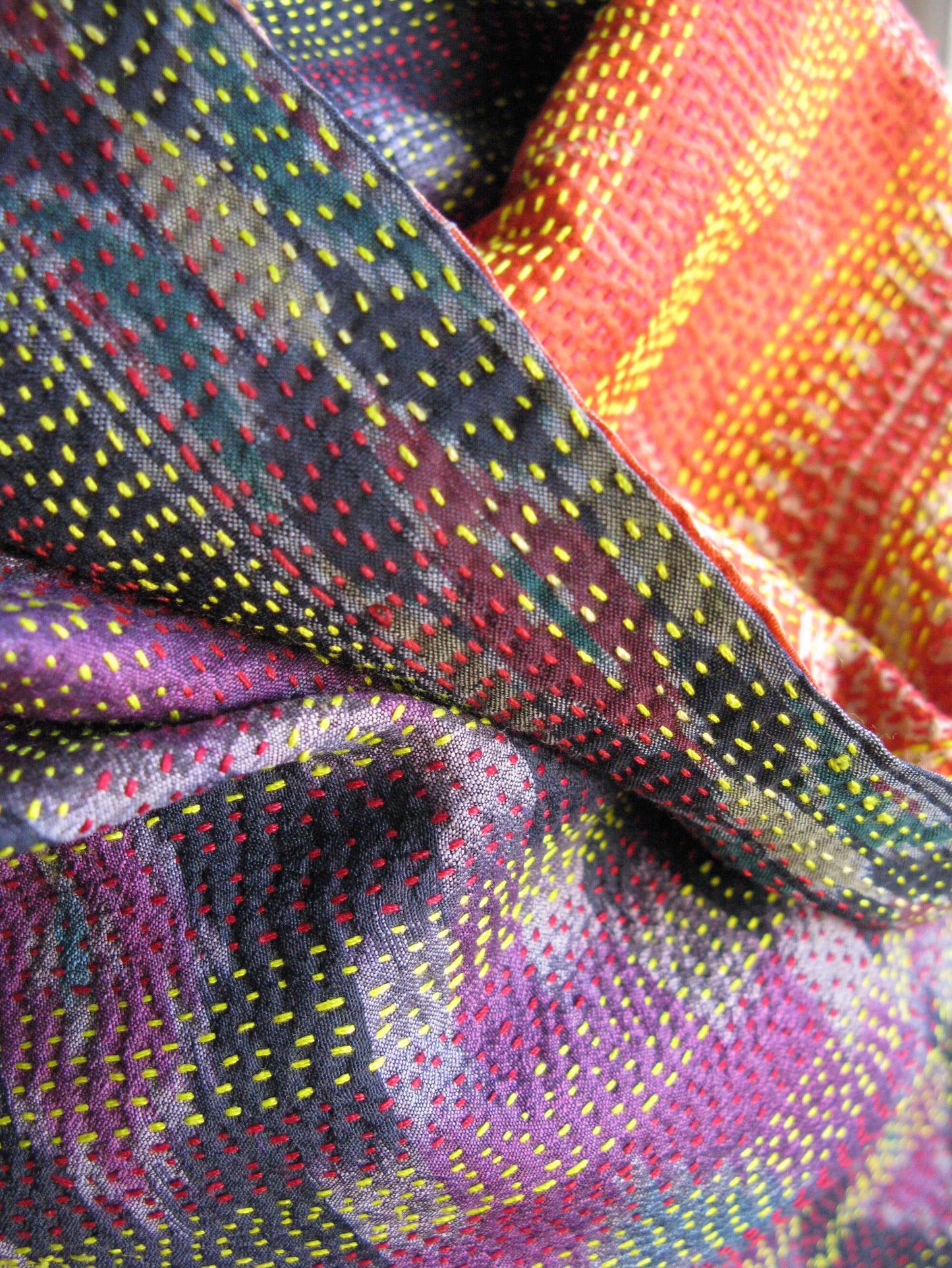 India Kantha and Ikat Silk Shawl