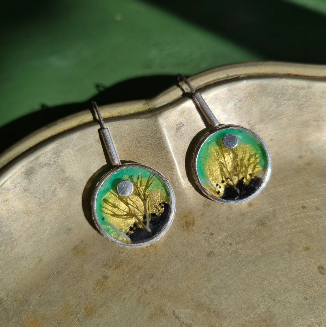 Microlandscape Dangle Earrings - Engraved Silver Border - Acqua Wetlands