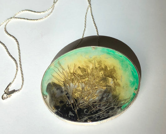Microlandscape Aqua Green Wetlands Necklace - Silver Border