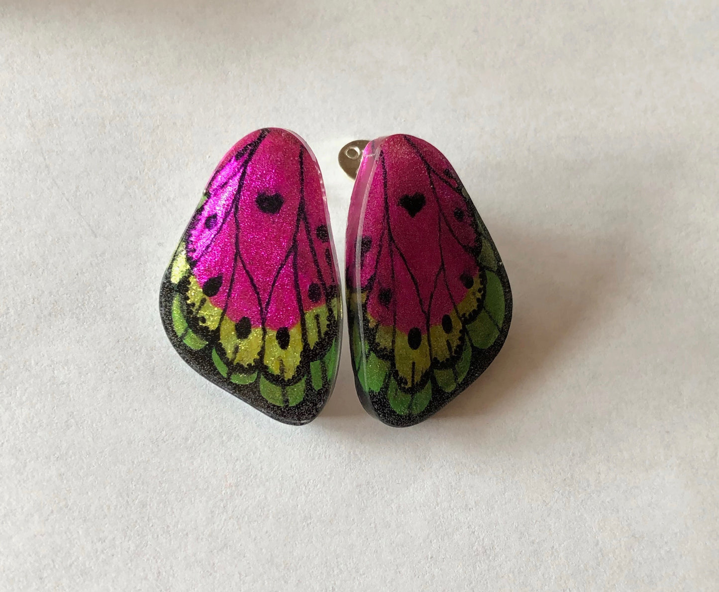 Handpainted Butterfly Earrings - Fuchsia Pink and Green - MIni