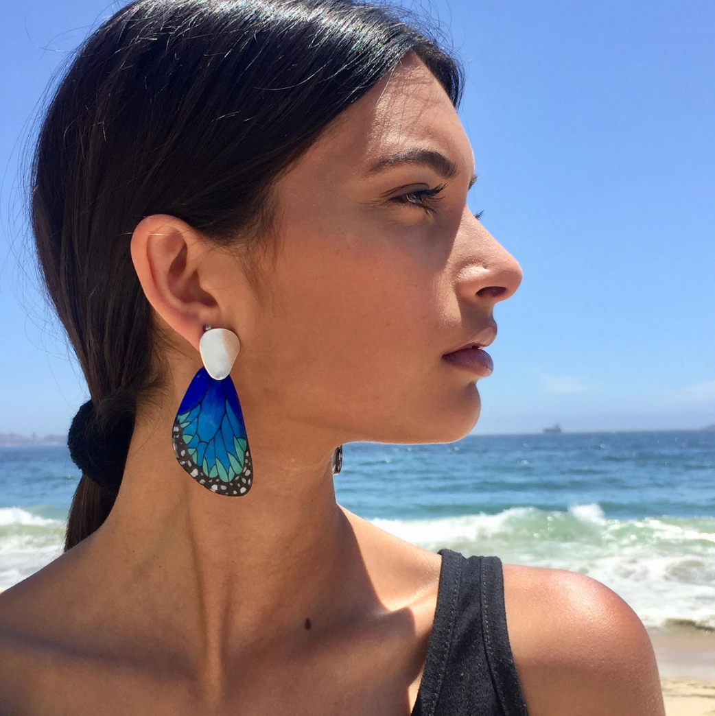 Handpainted Butterfly Earrings - Blue Morpho Wing and Silver Dangle - Large