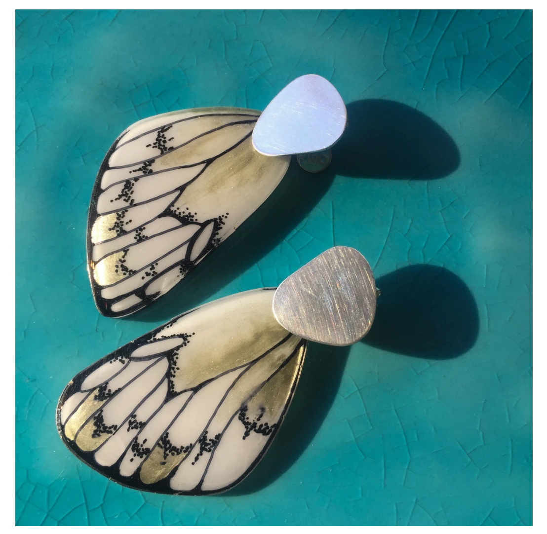 Handpainted Butterfly Earrings - Silver Dangle- White Tatochila - Large