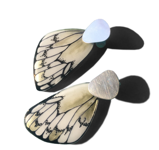 Handpainted Butterfly Earrings - Silver Dangle- White Tatochila - Large