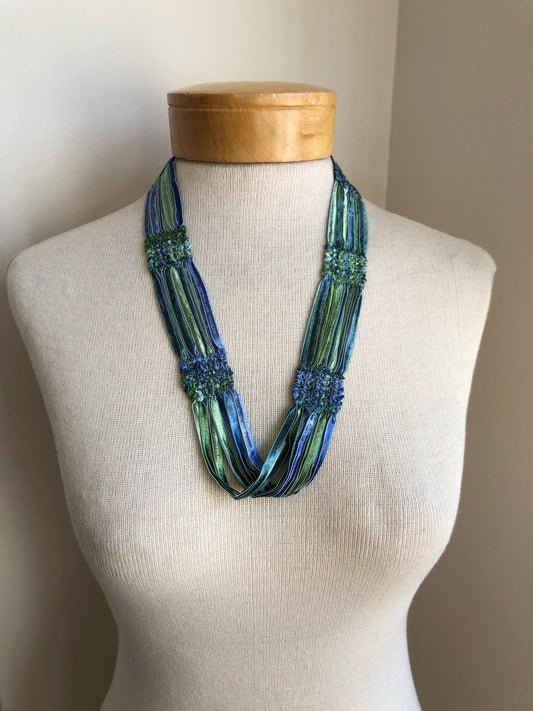 Handwoven Ribbon Necklace - Blues and Greens