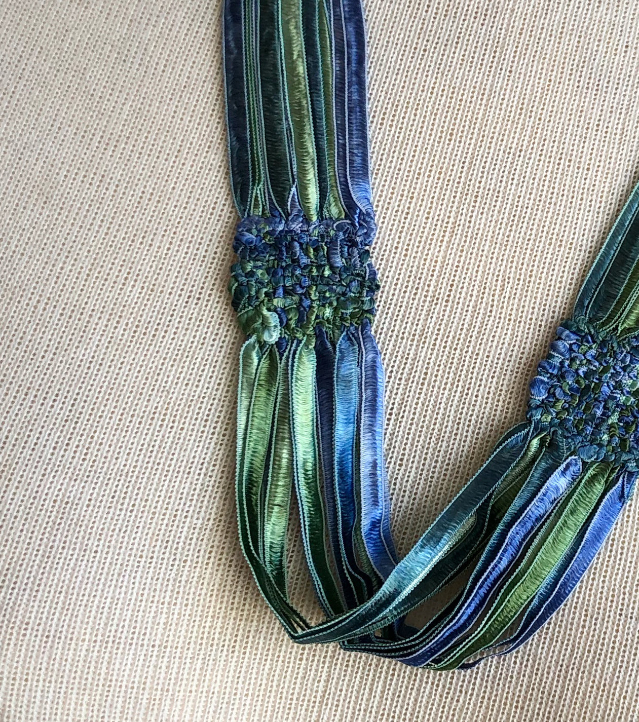 Handwoven Ribbon Necklace - Blues and Greens