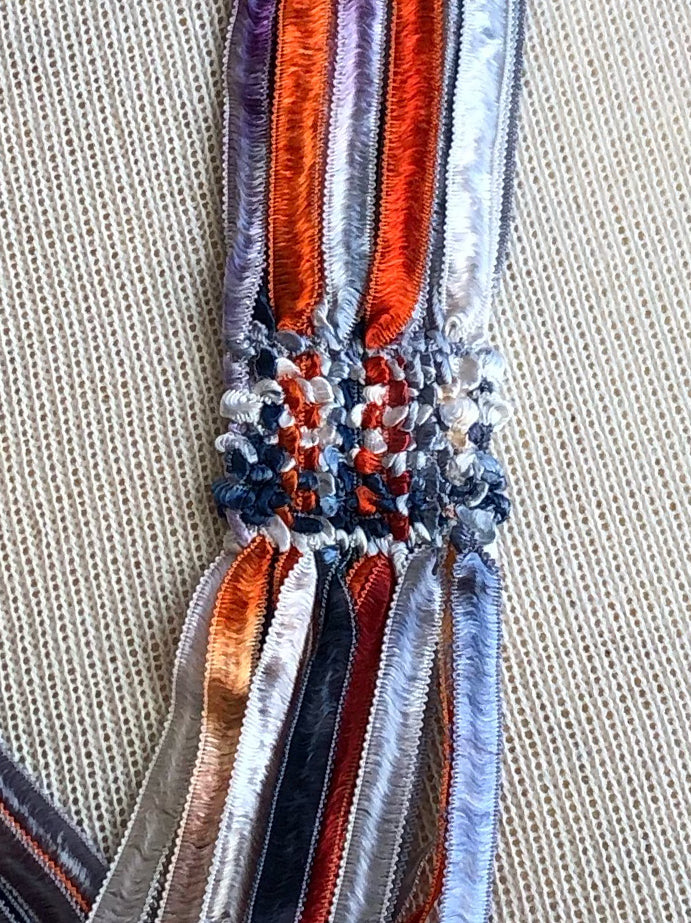 Handwoven Ribbon Necklace - Multicolor - Blue, Orange, Lavender, Silver