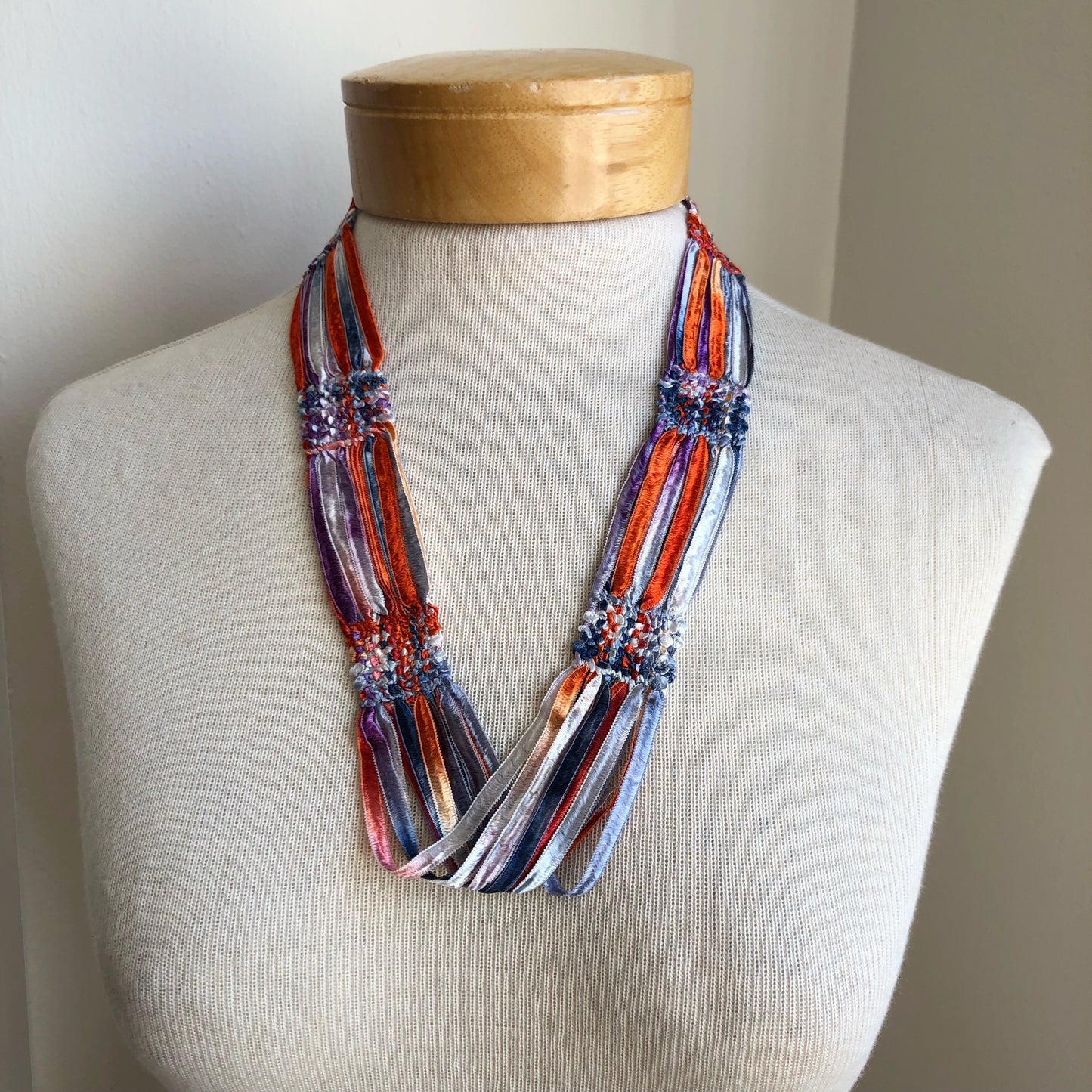 Handwoven Ribbon Necklace - Multicolor - Blue, Orange, Lavender, Silver