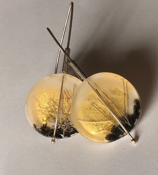 Microlandscape Round Dangle Earrings Long Silver Wire - Golden Dawn