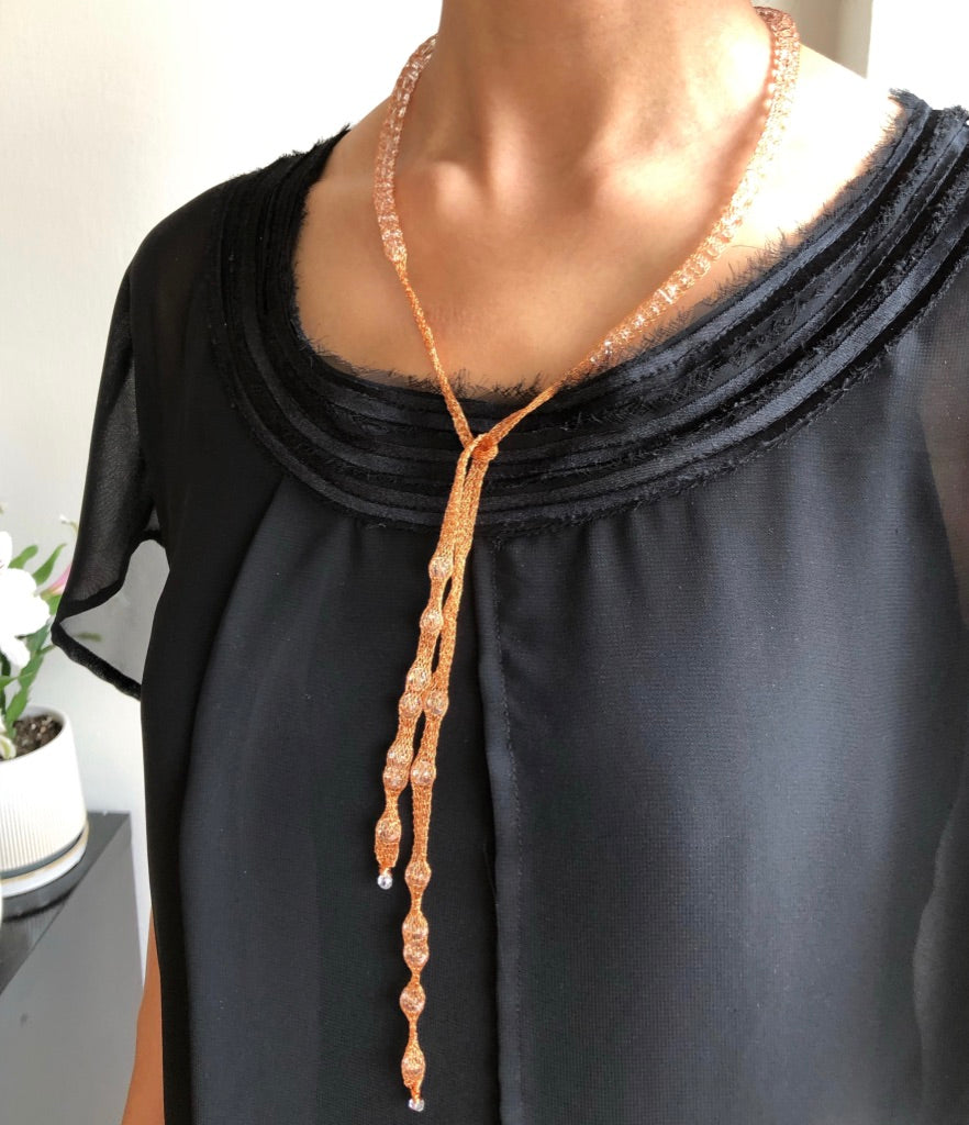 Copper Mesh and Crystal Spheres Tie Back Necklace