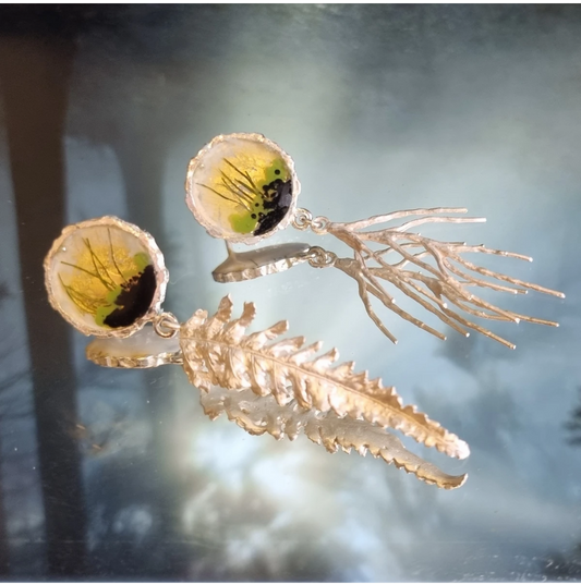 Microlandscape Botanical Earrings - Engraved Sterling Silver Border - Silver Twigs and Fronds