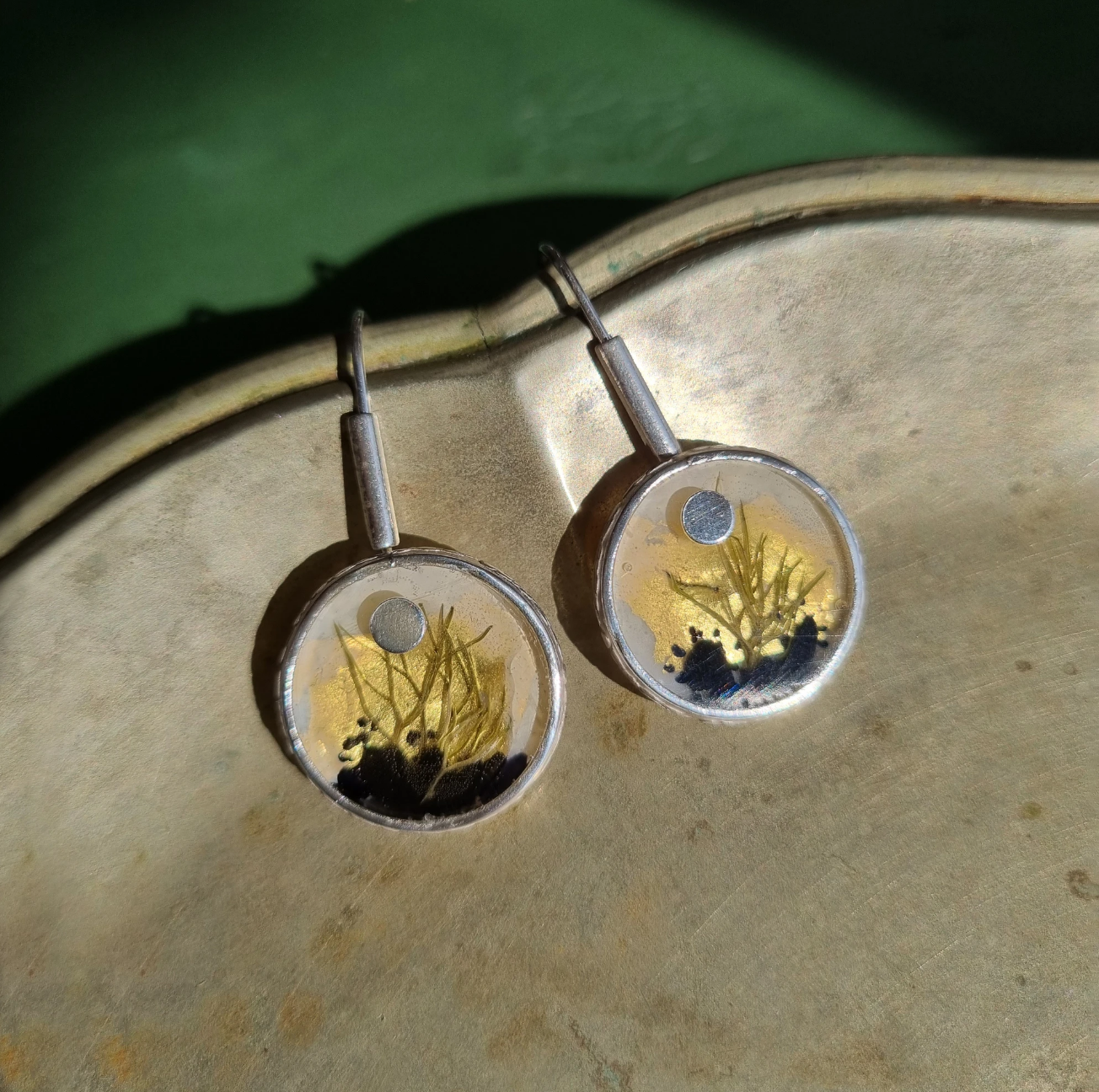 Microlandscape Dangle Earrings - Engraved Silver Border - Golden Dawn