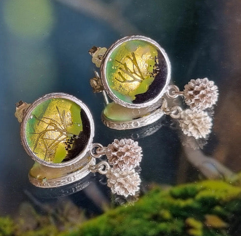 Microlandscape Botanical Earrings - Engraved Silver Border - Mini Silver Pinecones