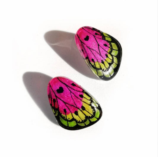 Handpainted Butterfly Earrings - Fuchsia Pink and Green - MIni