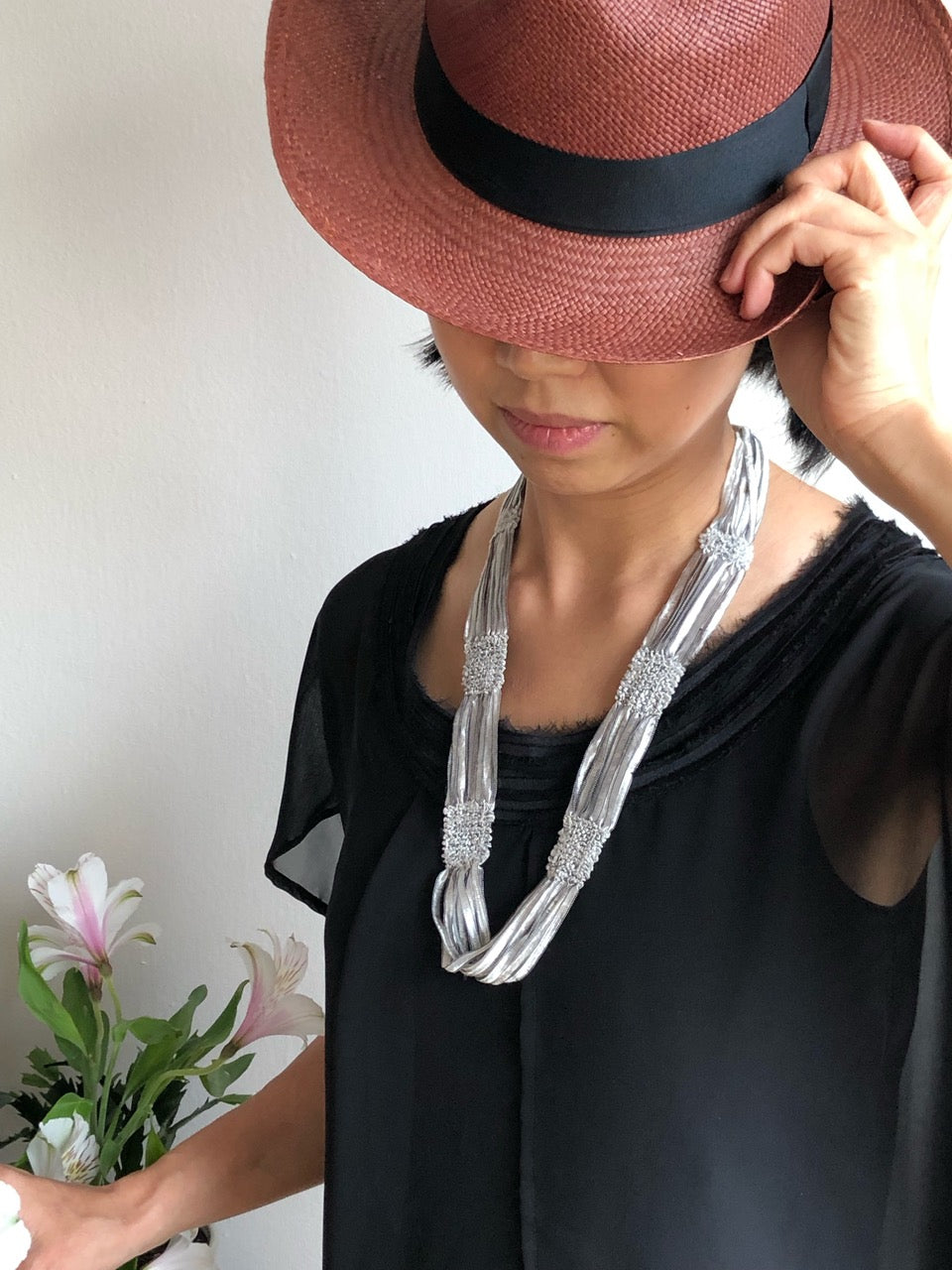 Handwoven Ribbon Necklace - Silver