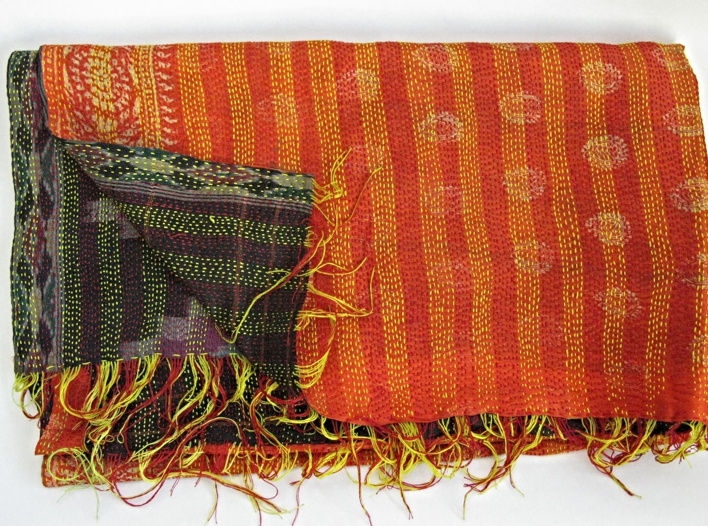 This beautiful, reversible silk shawl is made from two layers of silk, embroidered together using the traditional quilt running stitch. A persimmon pattern reverses to an ikat of black, plum, fir and gray clay colors.Wear as a wrap or drape on sofa or chair. Hand woven and embroidered in India.