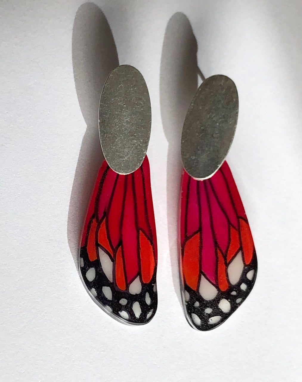 Handpainted Butterfly Earrings - Red Monarch - Dangling Wings with Silver Oval - Mini
