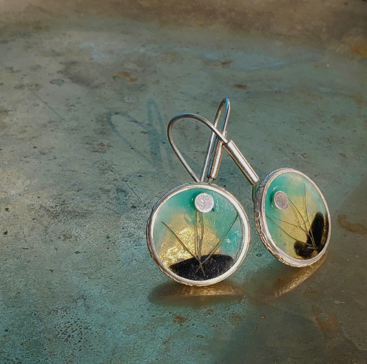 Microlandscape Dangle Earrings - Engraved Silver Border - Acqua Wetlands