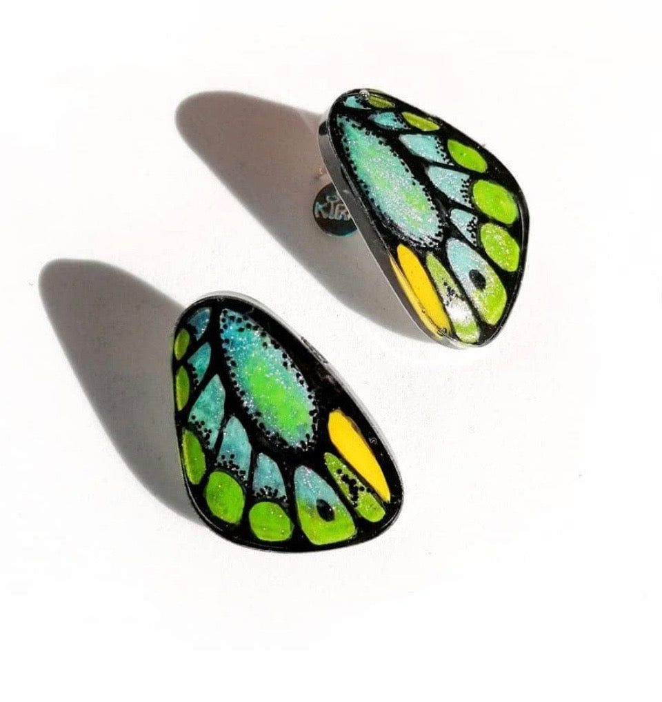 Handpainted Butterfly Earrings - Green Birdwing - Mini