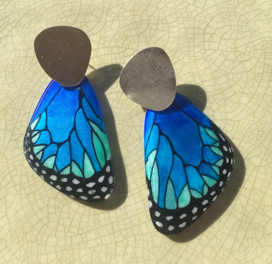 Handpainted Butterfly Earrings - Blue Morpho Wing and Silver Dangle - Large