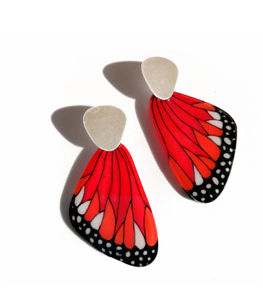 Handpainted Butterfly Earrings - Red Monarch - Silver Dangle - Large