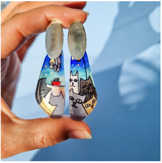 Handpainted Cat Earrings -  Dangle with Silver Oval