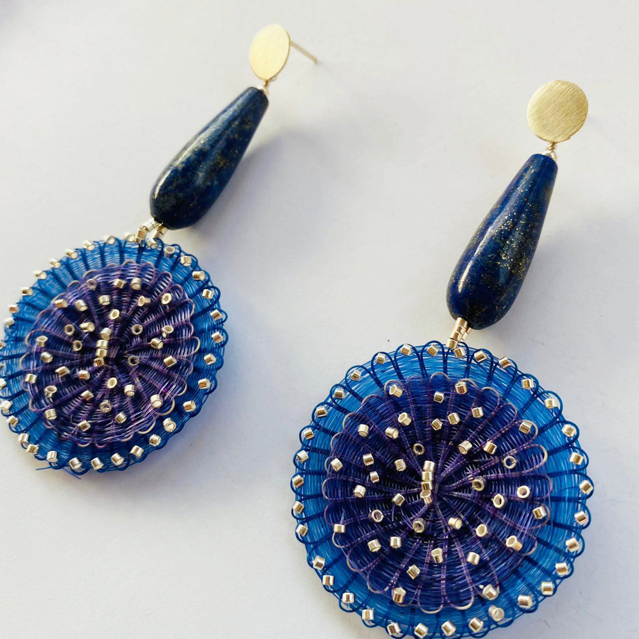 Crin Earrings with Silver Beads and Lapis by Chantal Bernsau- Blue