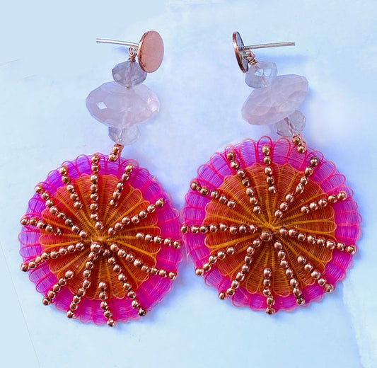 Crin Earrings with Copper Beads by Chantal Bernsau-Pink and Orange -Round