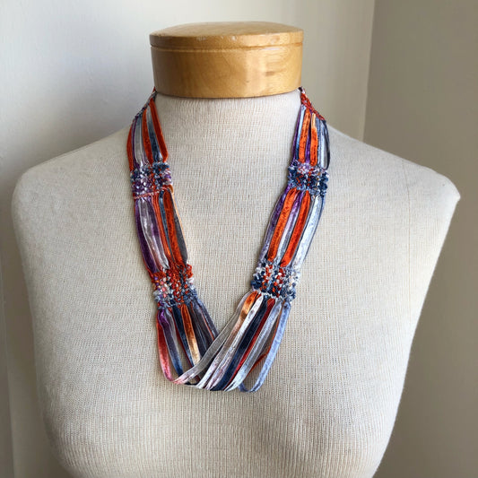 Handwoven Ribbon Necklace - Multicolor - Blue, Orange, Lavender, Silver