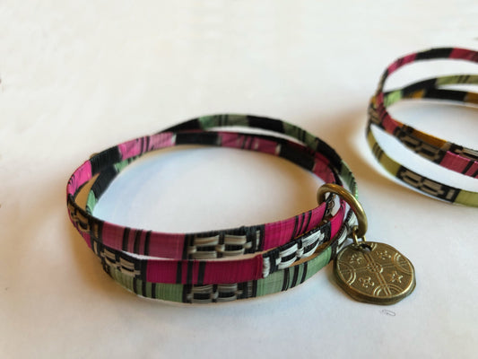 Crin Bangles and Brass Charm by Chantal Bernsau- Pinks, Green with Brass Charm